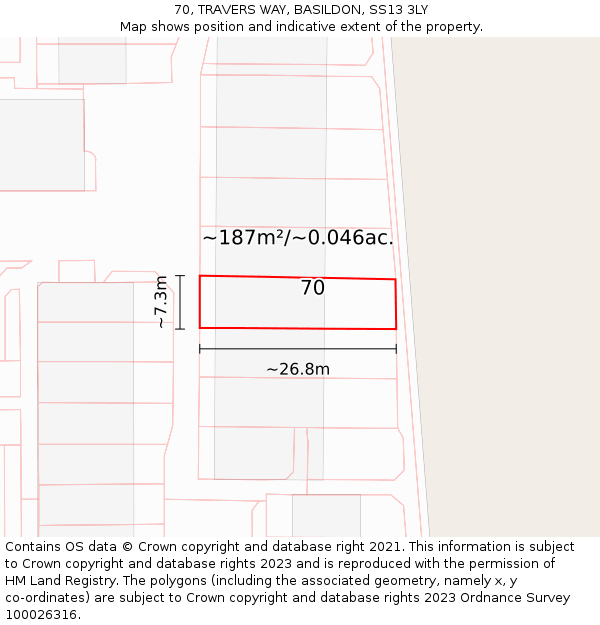 70, TRAVERS WAY, BASILDON, SS13 3LY: Plot and title map