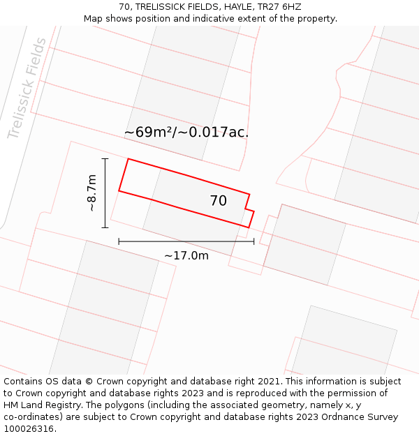 70, TRELISSICK FIELDS, HAYLE, TR27 6HZ: Plot and title map