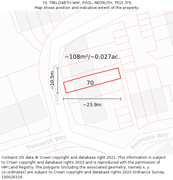 70, TRELOWETH WAY, POOL, REDRUTH, TR15 3TS: Plot and title map