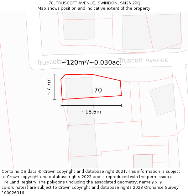 70, TRUSCOTT AVENUE, SWINDON, SN25 2PQ: Plot and title map