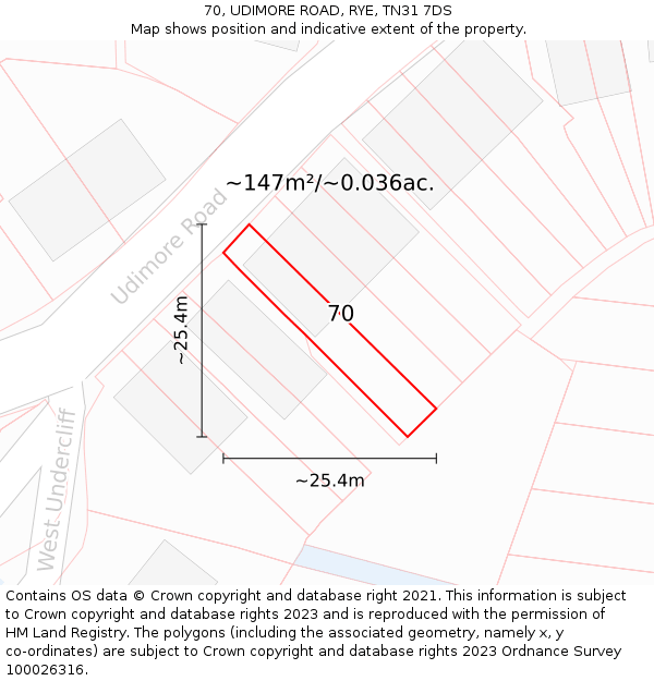 70, UDIMORE ROAD, RYE, TN31 7DS: Plot and title map