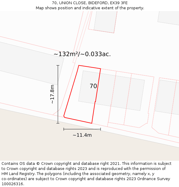 70, UNION CLOSE, BIDEFORD, EX39 3FE: Plot and title map