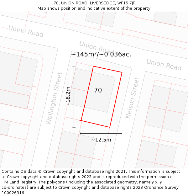 70, UNION ROAD, LIVERSEDGE, WF15 7JF: Plot and title map