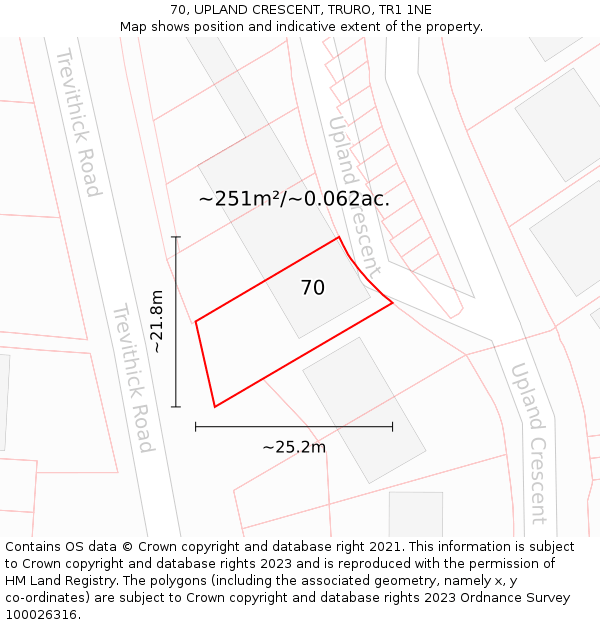 70, UPLAND CRESCENT, TRURO, TR1 1NE: Plot and title map