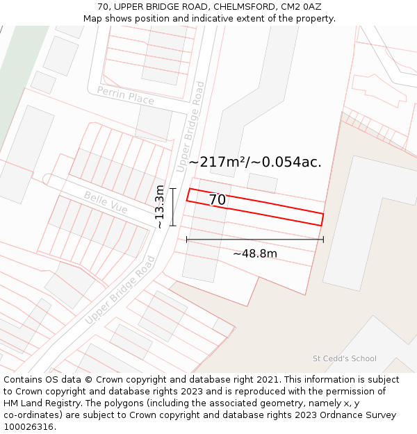 70, UPPER BRIDGE ROAD, CHELMSFORD, CM2 0AZ: Plot and title map