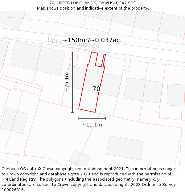 70, UPPER LONGLANDS, DAWLISH, EX7 9DD: Plot and title map
