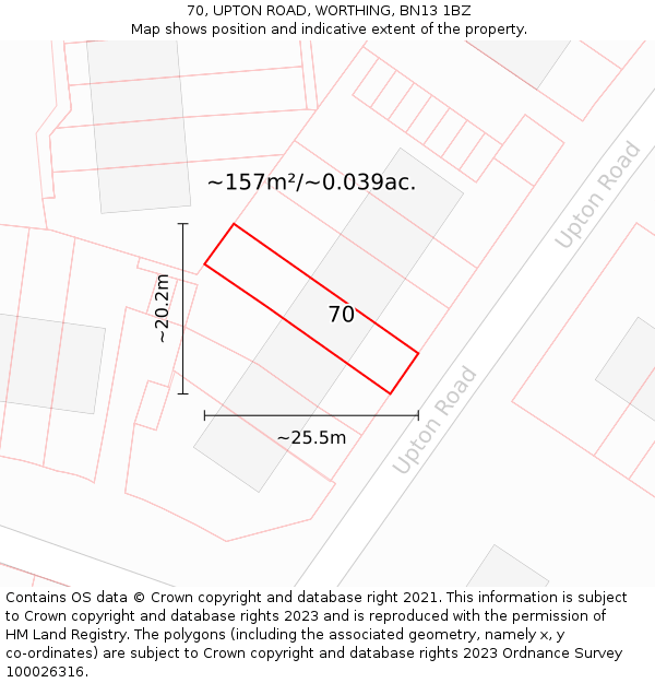 70, UPTON ROAD, WORTHING, BN13 1BZ: Plot and title map