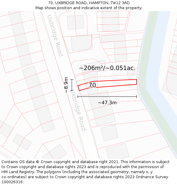 70, UXBRIDGE ROAD, HAMPTON, TW12 3AD: Plot and title map