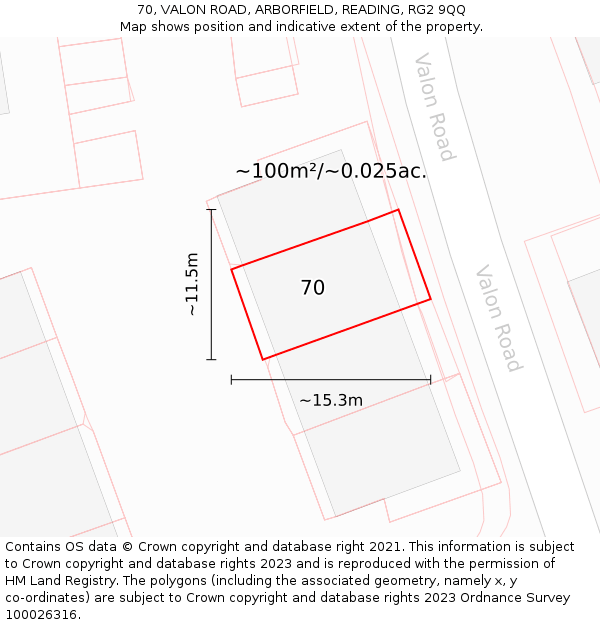 70, VALON ROAD, ARBORFIELD, READING, RG2 9QQ: Plot and title map