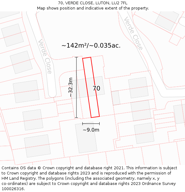 70, VERDE CLOSE, LUTON, LU2 7FL: Plot and title map
