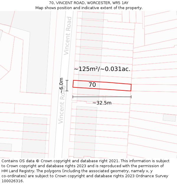 70, VINCENT ROAD, WORCESTER, WR5 1AY: Plot and title map