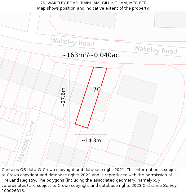 70, WAKELEY ROAD, RAINHAM, GILLINGHAM, ME8 8EP: Plot and title map