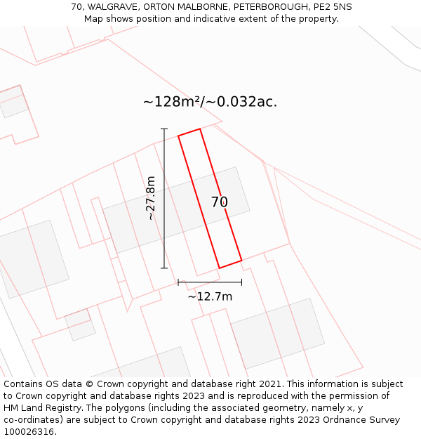 70, WALGRAVE, ORTON MALBORNE, PETERBOROUGH, PE2 5NS: Plot and title map