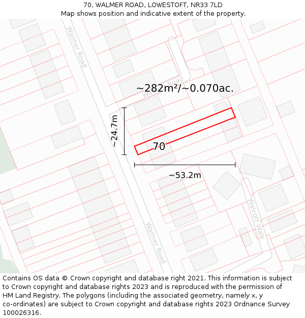 70, WALMER ROAD, LOWESTOFT, NR33 7LD: Plot and title map