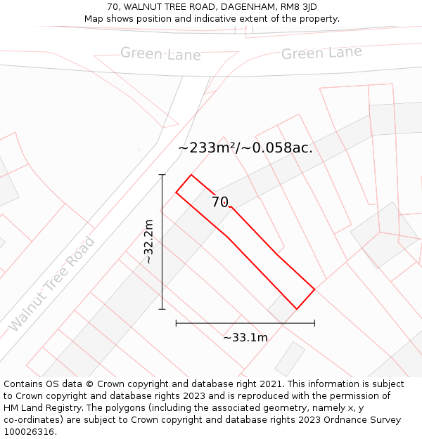 70, WALNUT TREE ROAD, DAGENHAM, RM8 3JD: Plot and title map