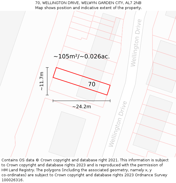 70, WELLINGTON DRIVE, WELWYN GARDEN CITY, AL7 2NB: Plot and title map