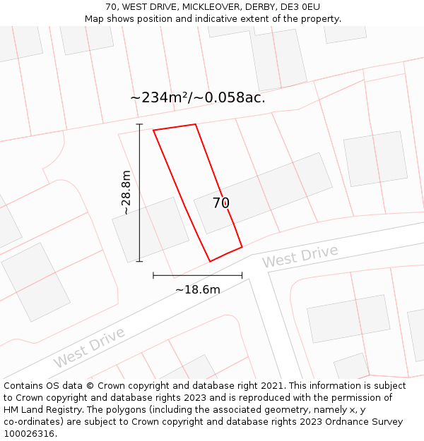 70, WEST DRIVE, MICKLEOVER, DERBY, DE3 0EU: Plot and title map