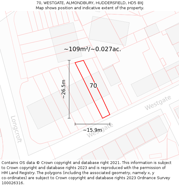 70, WESTGATE, ALMONDBURY, HUDDERSFIELD, HD5 8XJ: Plot and title map
