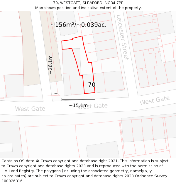 70, WESTGATE, SLEAFORD, NG34 7PP: Plot and title map