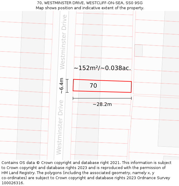 70, WESTMINSTER DRIVE, WESTCLIFF-ON-SEA, SS0 9SG: Plot and title map