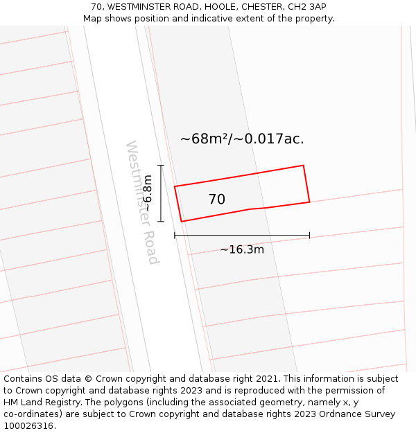 70, WESTMINSTER ROAD, HOOLE, CHESTER, CH2 3AP: Plot and title map