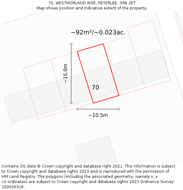 70, WESTMORLAND RISE, PETERLEE, SR8 2ET: Plot and title map