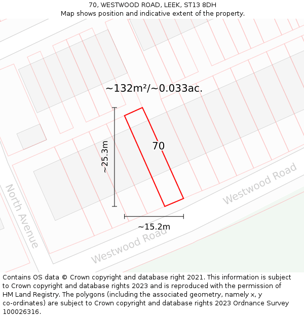 70, WESTWOOD ROAD, LEEK, ST13 8DH: Plot and title map