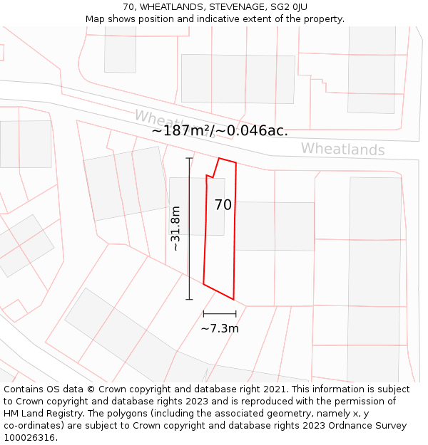 70, WHEATLANDS, STEVENAGE, SG2 0JU: Plot and title map