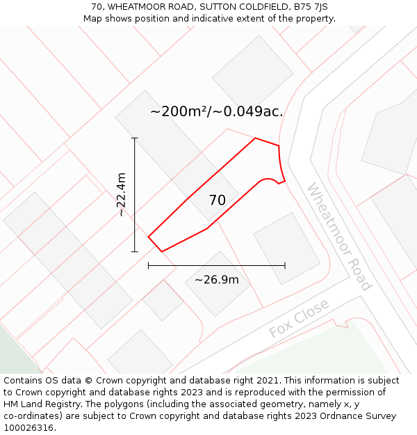 70, WHEATMOOR ROAD, SUTTON COLDFIELD, B75 7JS: Plot and title map