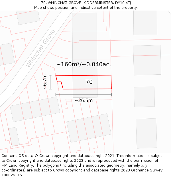 70, WHINCHAT GROVE, KIDDERMINSTER, DY10 4TJ: Plot and title map