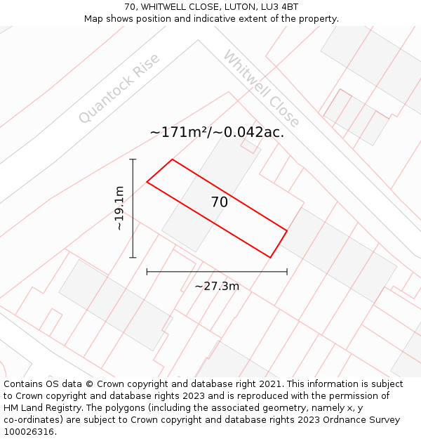 70, WHITWELL CLOSE, LUTON, LU3 4BT: Plot and title map