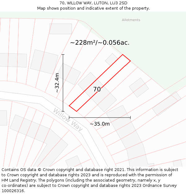 70, WILLOW WAY, LUTON, LU3 2SD: Plot and title map