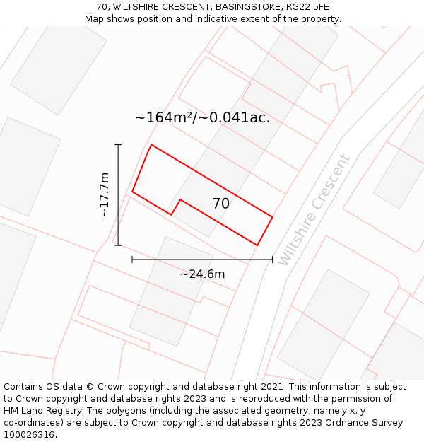 70, WILTSHIRE CRESCENT, BASINGSTOKE, RG22 5FE: Plot and title map
