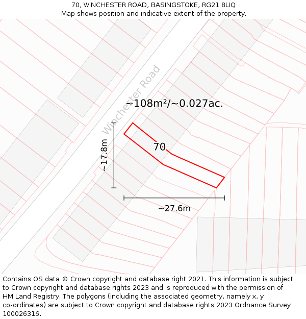 70, WINCHESTER ROAD, BASINGSTOKE, RG21 8UQ: Plot and title map