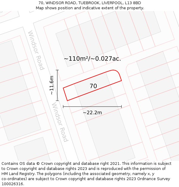 70, WINDSOR ROAD, TUEBROOK, LIVERPOOL, L13 8BD: Plot and title map