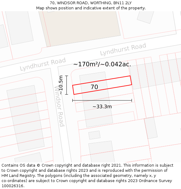 70, WINDSOR ROAD, WORTHING, BN11 2LY: Plot and title map