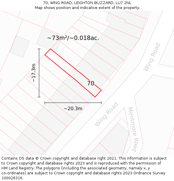 70, WING ROAD, LEIGHTON BUZZARD, LU7 2NL: Plot and title map