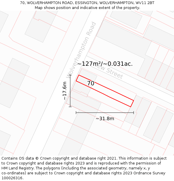 70, WOLVERHAMPTON ROAD, ESSINGTON, WOLVERHAMPTON, WV11 2BT: Plot and title map