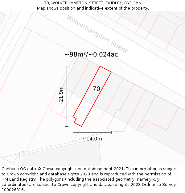 70, WOLVERHAMPTON STREET, DUDLEY, DY1 3AN: Plot and title map