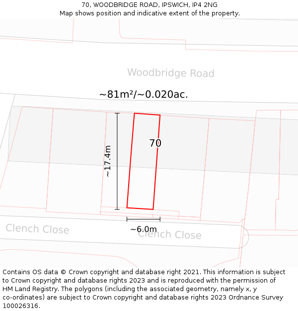 70, WOODBRIDGE ROAD, IPSWICH, IP4 2NG: Plot and title map