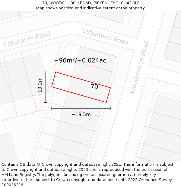 70, WOODCHURCH ROAD, BIRKENHEAD, CH42 9LP: Plot and title map