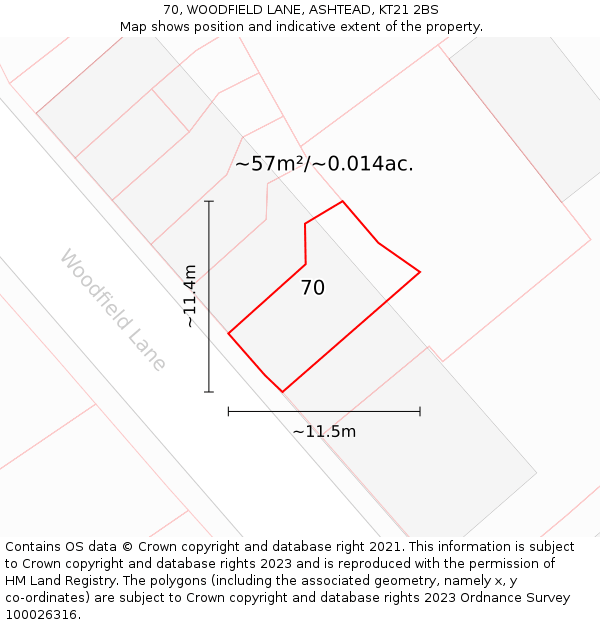 70, WOODFIELD LANE, ASHTEAD, KT21 2BS: Plot and title map