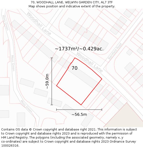 70, WOODHALL LANE, WELWYN GARDEN CITY, AL7 3TF: Plot and title map