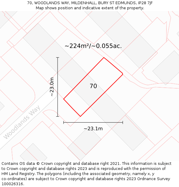 70, WOODLANDS WAY, MILDENHALL, BURY ST EDMUNDS, IP28 7JF: Plot and title map
