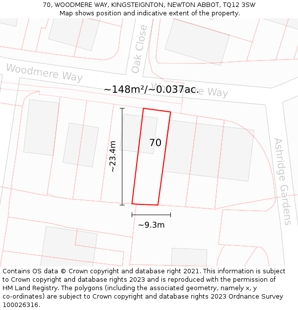 70, WOODMERE WAY, KINGSTEIGNTON, NEWTON ABBOT, TQ12 3SW: Plot and title map