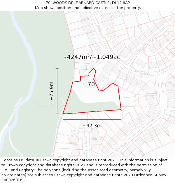 70, WOODSIDE, BARNARD CASTLE, DL12 8AP: Plot and title map