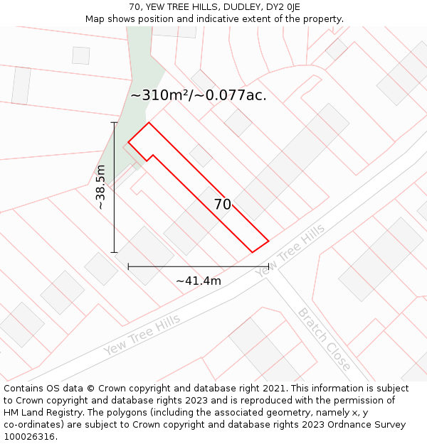 70, YEW TREE HILLS, DUDLEY, DY2 0JE: Plot and title map