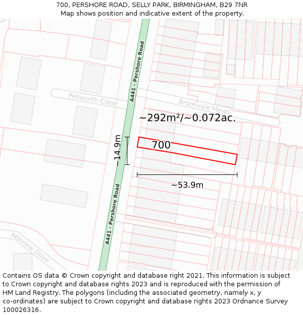 700, PERSHORE ROAD, SELLY PARK, BIRMINGHAM, B29 7NR: Plot and title map