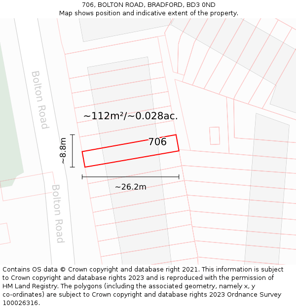 706, BOLTON ROAD, BRADFORD, BD3 0ND: Plot and title map