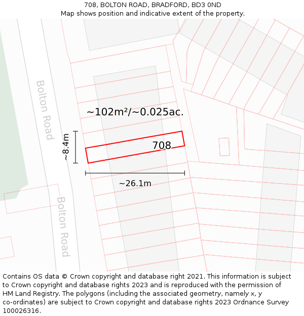 708, BOLTON ROAD, BRADFORD, BD3 0ND: Plot and title map